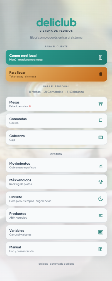 Página principal de deliclub, con opciones de cliente y de personal.