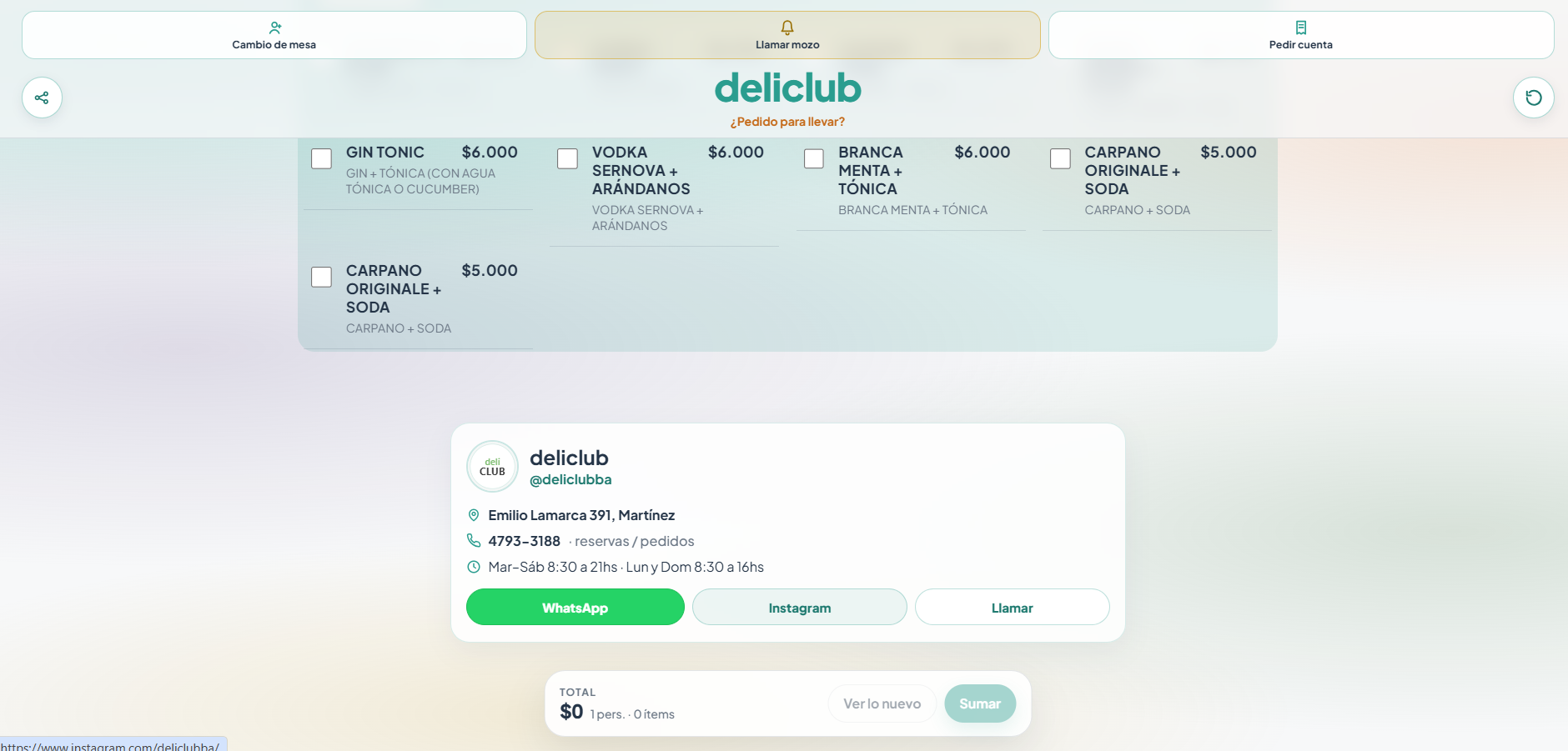 Carta del cliente con contacto del local, WhatsApp y pedido para llevar.