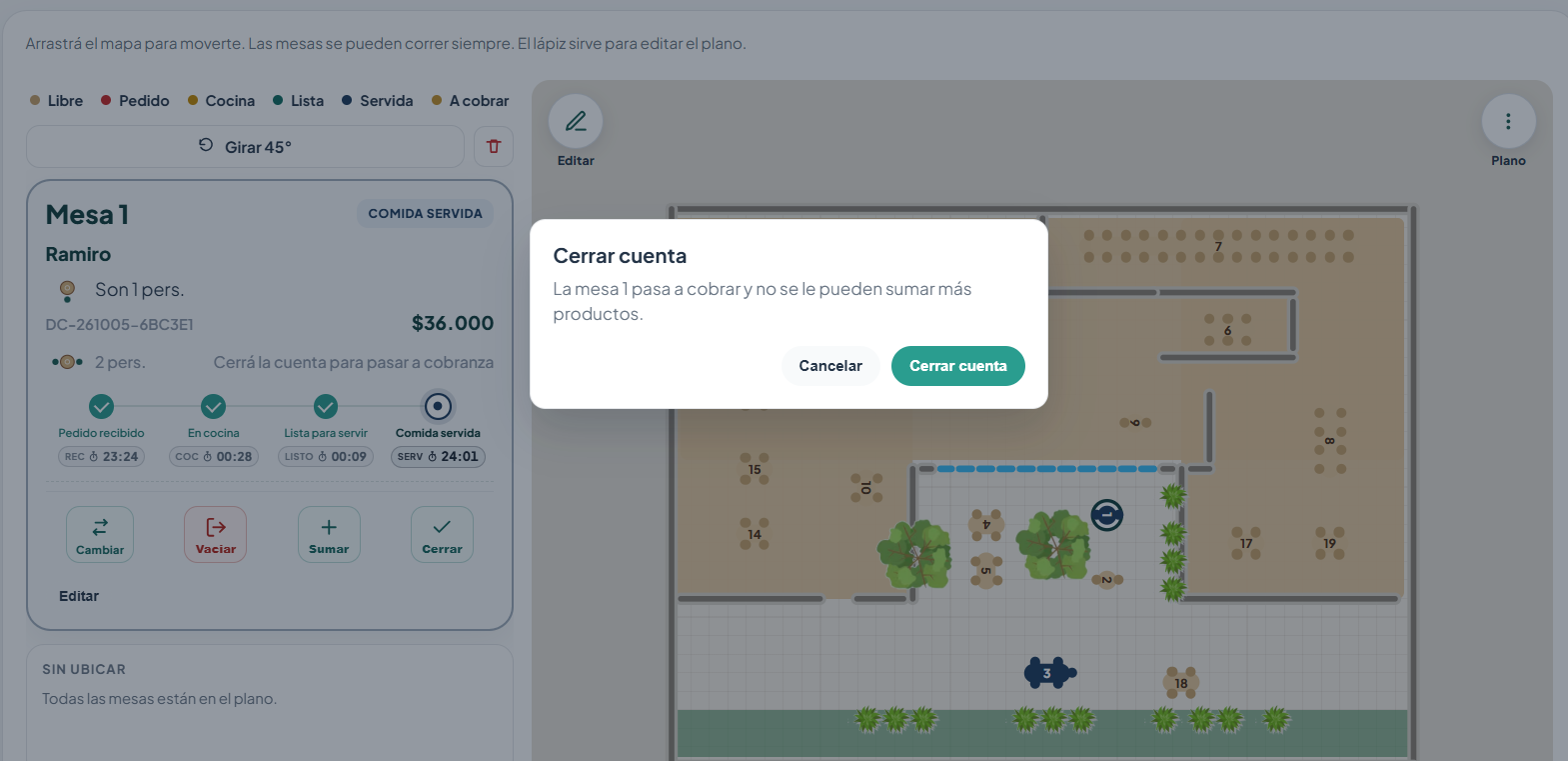 Confirmación para cerrar la cuenta de la mesa 1.